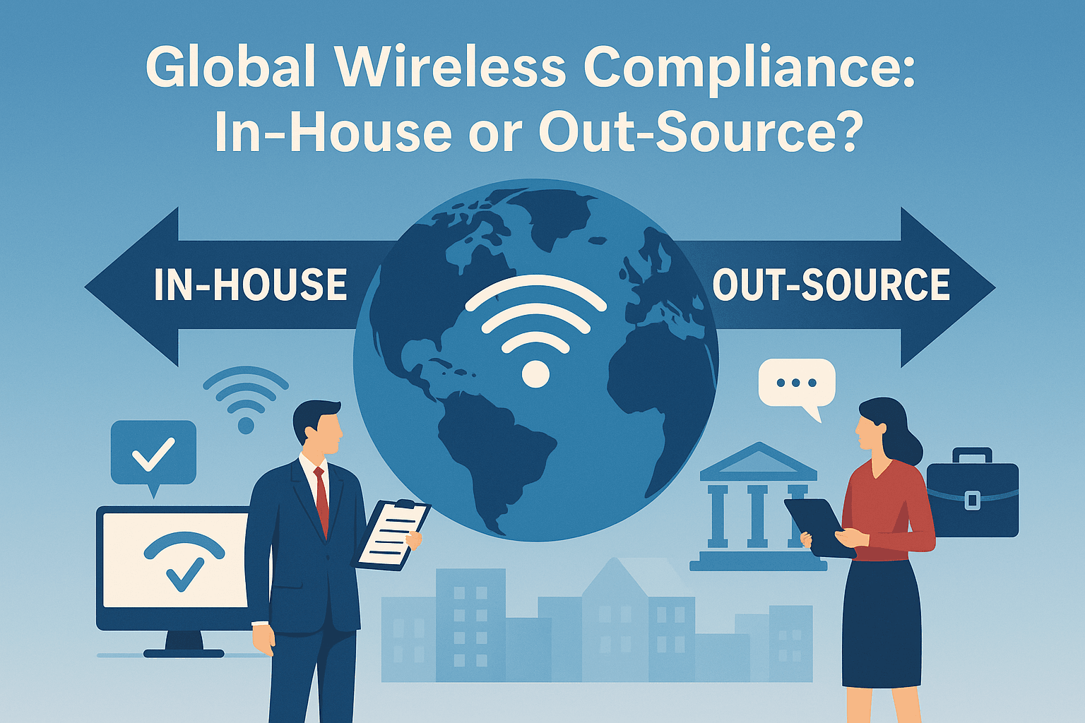 Illustration comparing in-house vs outsourced global wireless compliance, showing RF and EMC testing choices for manufacturers.